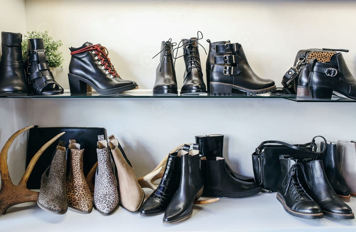 Leather boots stored on a shelf